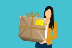 A cartoon girl holding a box she found to save money on relocation assistance Florida movers provide