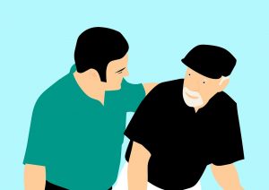 Cartoon depiction of a man talking to an elderly about senior moving