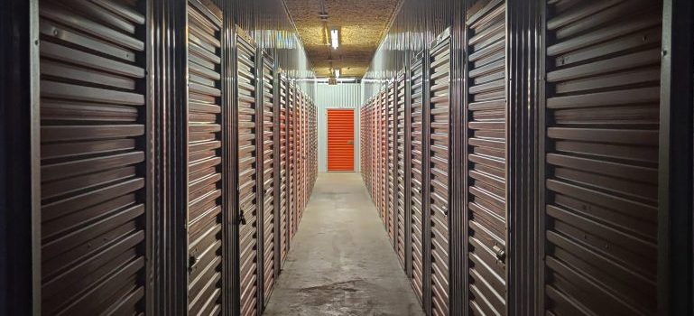 row of storage units with shutter doors