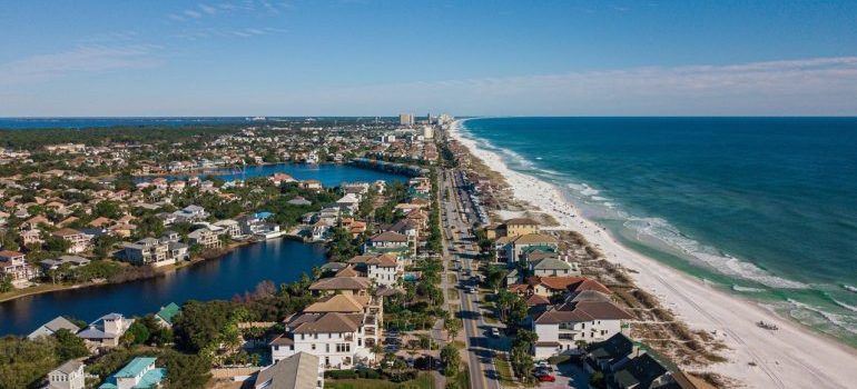 Aerial view of a city in Florida by the beach.