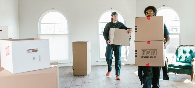 two movers helping with renting vs buying an apartment in Miami